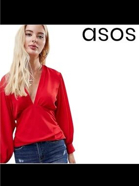 Asos Red Deep V Neck Top Sz 6 Volume Long Sleeves Open Keyhole Back